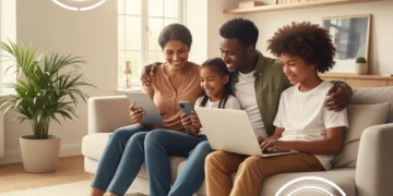 Family enjoying digital devices safely with parental controls in place