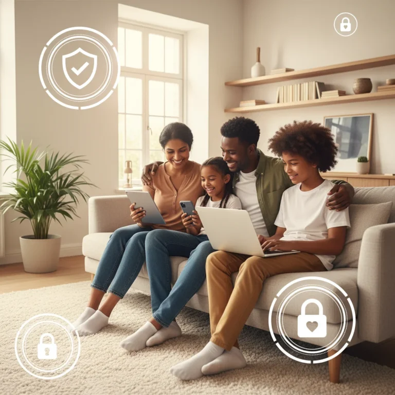 Family enjoying digital devices safely with parental controls in place