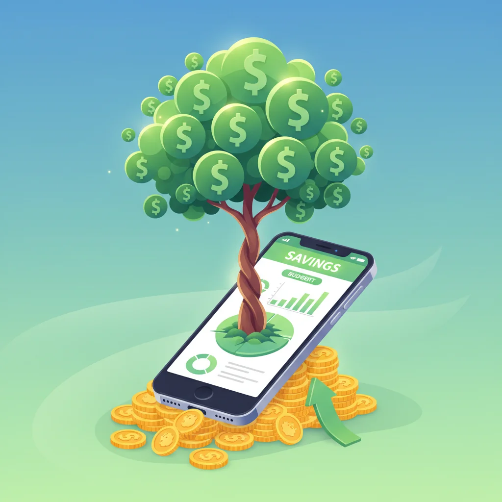 Digital money tree growing from a smartphone, symbolizing financial growth