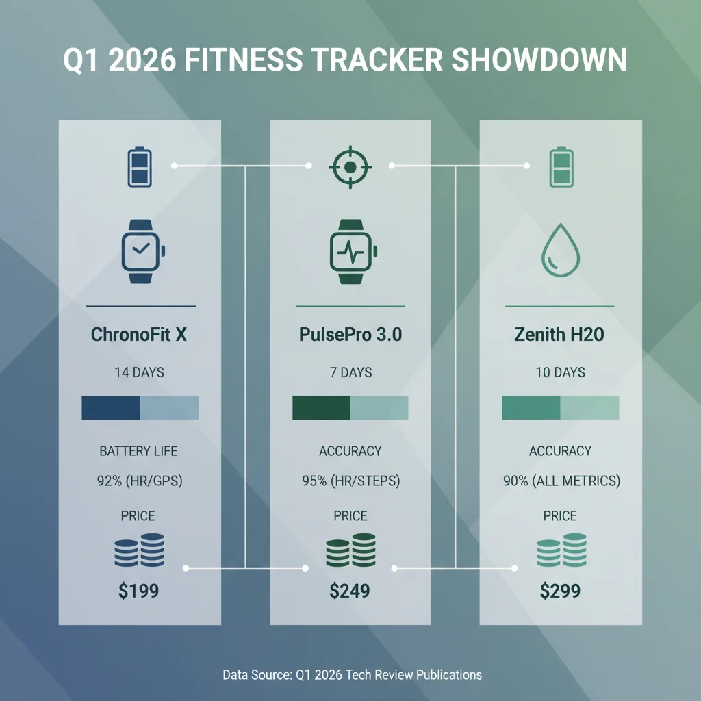 Infographic comparing battery life and accuracy of 2026 fitness trackers