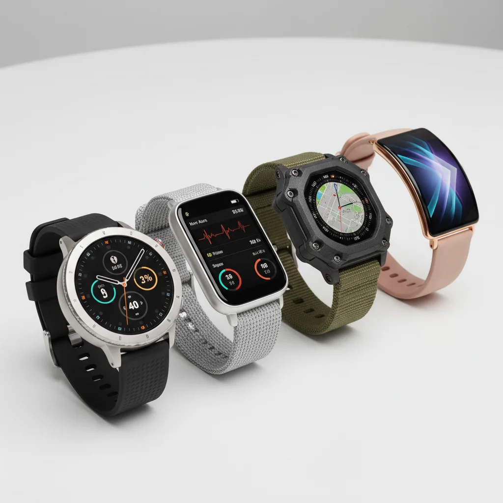 Four different smartwatches laid out for comparison on a white table.