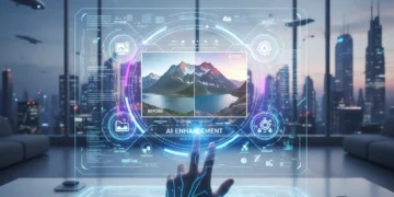 Futuristic AI photo editing interface with before and after image comparison