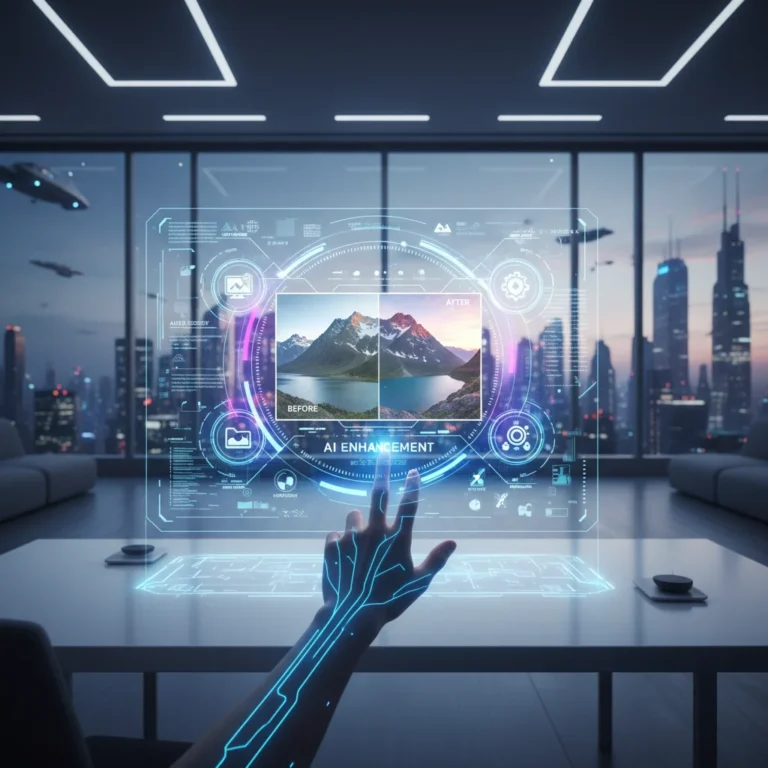 Futuristic AI photo editing interface with before and after image comparison