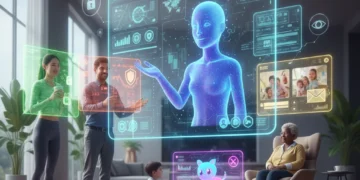 Futuristic personalized AI interface with privacy icons