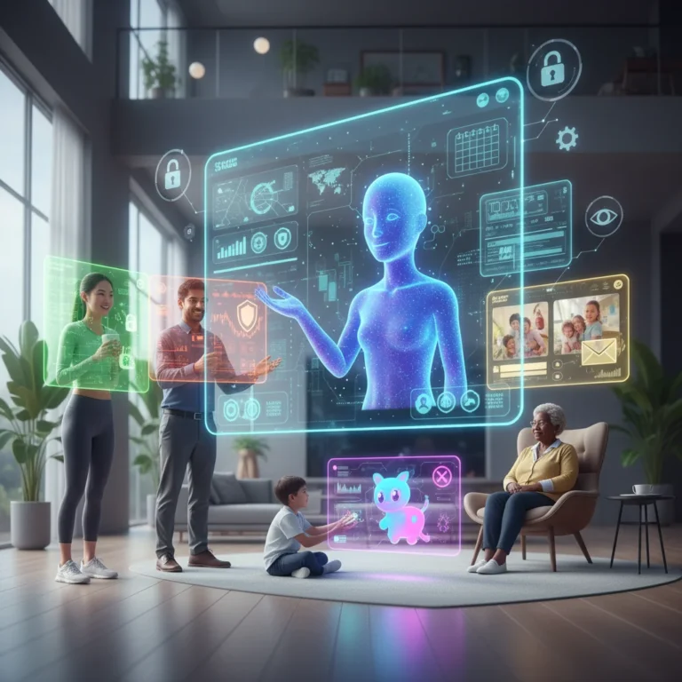 Futuristic personalized AI interface with privacy icons