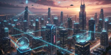Futuristic cityscape with 5G network signals connecting smart devices and buildings, symbolizing advanced connectivity and IoT integration in the US by 2026.