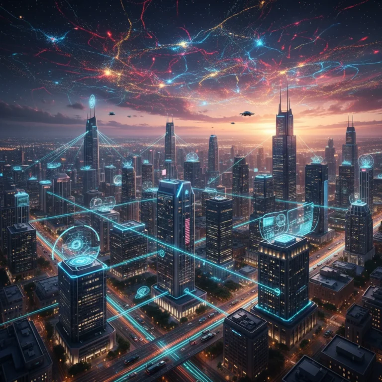 Futuristic cityscape with 5G network signals connecting smart devices and buildings, symbolizing advanced connectivity and IoT integration in the US by 2026.