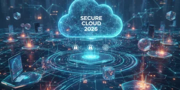 Futuristic cloud storage network with devices and secure data flow