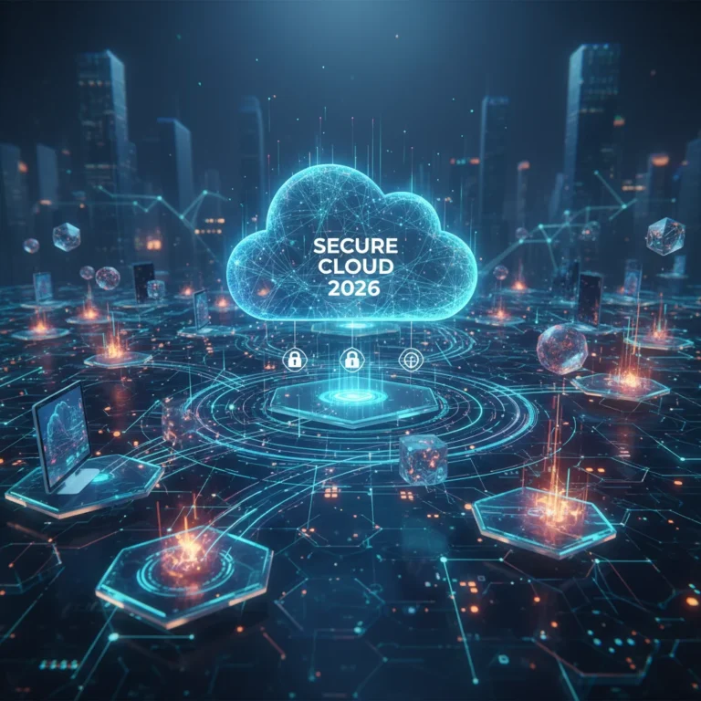 Futuristic cloud storage network with devices and secure data flow