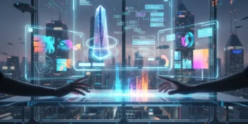 Futuristic design workspace with integrated holographic tools for enhanced creativity and workflow.