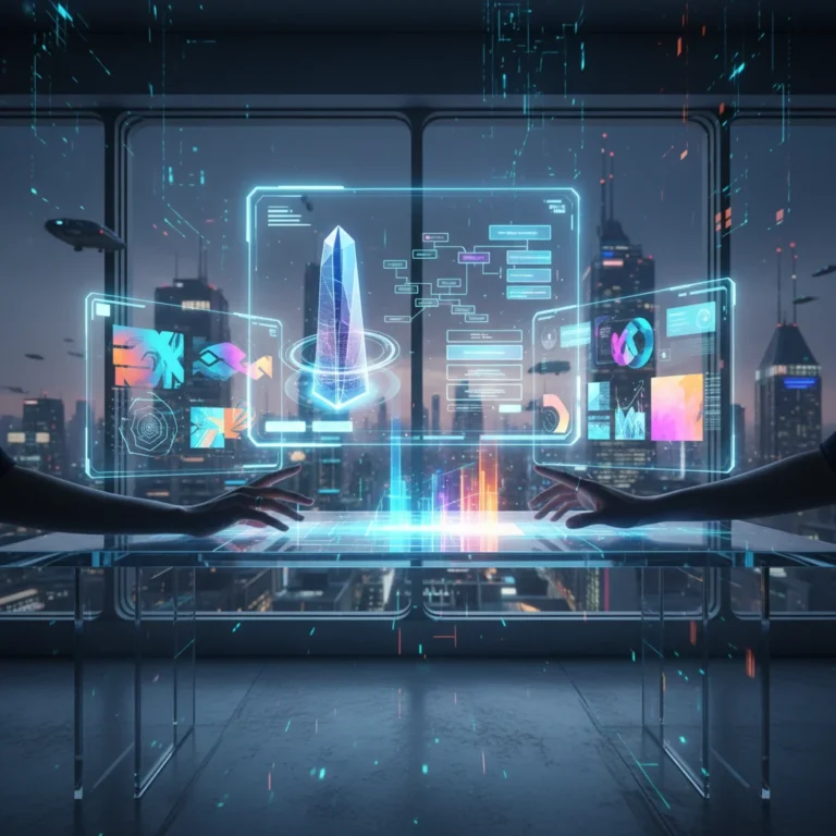 Futuristic design workspace with integrated holographic tools for enhanced creativity and workflow.
