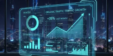 Futuristic digital marketing dashboard with glowing analytics and organic traffic growth metrics for 2026