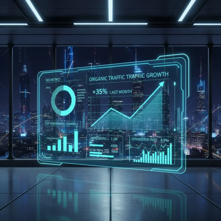 Futuristic digital marketing dashboard with glowing analytics and organic traffic growth metrics for 2026