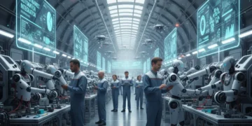 Robots and humans collaborating in a futuristic factory, symbolizing the future of work in the US through automation.