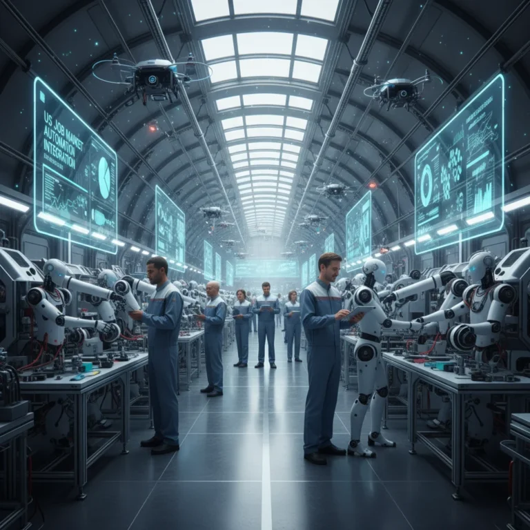 Robots and humans collaborating in a futuristic factory, symbolizing the future of work in the US through automation.