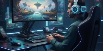 Gamer wearing a futuristic high-performance gaming headset in a vibrant gaming setup.
