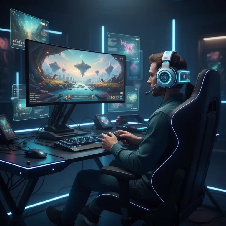 Gamer wearing a futuristic high-performance gaming headset in a vibrant gaming setup.