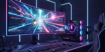 Futuristic gaming setup with a high refresh rate monitor for immersive gameplay