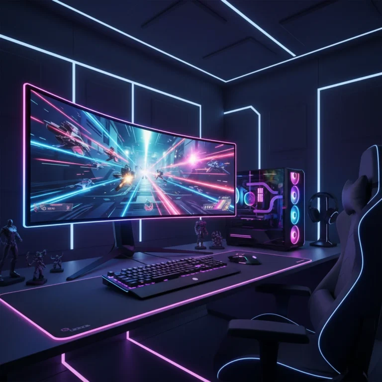 Futuristic gaming setup with a high refresh rate monitor for immersive gameplay