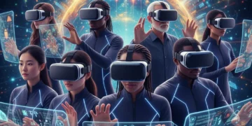 Diverse individuals using futuristic VR headsets for rapid language learning