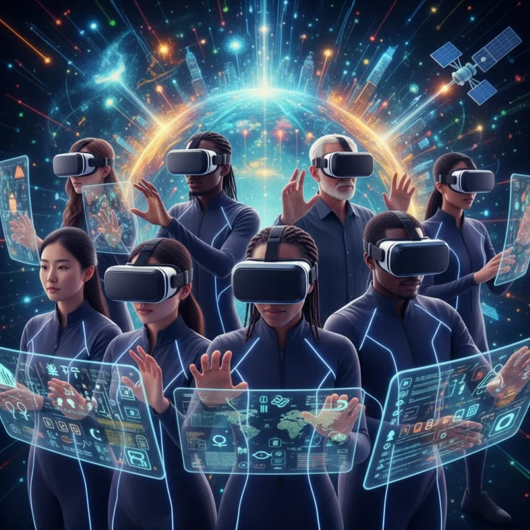 Diverse individuals using futuristic VR headsets for rapid language learning