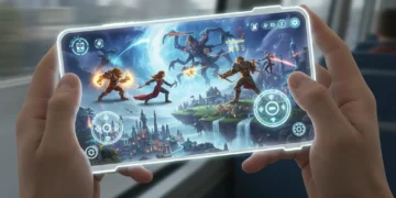 Futuristic smartphone displaying an immersive mobile game with high-quality graphics and detailed characters.