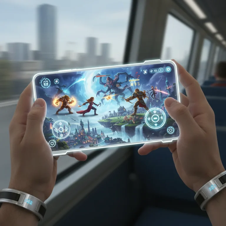 Futuristic smartphone displaying an immersive mobile game with high-quality graphics and detailed characters.