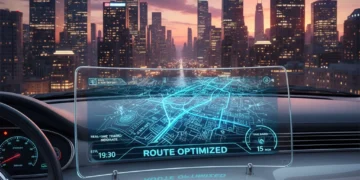 Futuristic car dashboard with holographic navigation map showing optimized routes for faster travel in 2026.