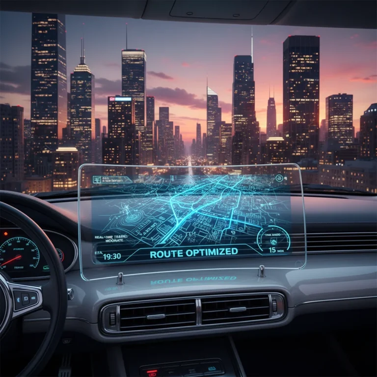 Futuristic car dashboard with holographic navigation map showing optimized routes for faster travel in 2026.