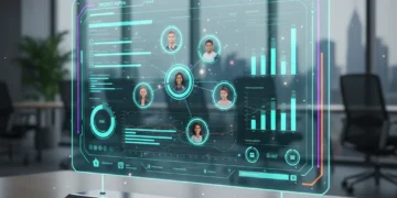 Futuristic project management app interface with data visualizations