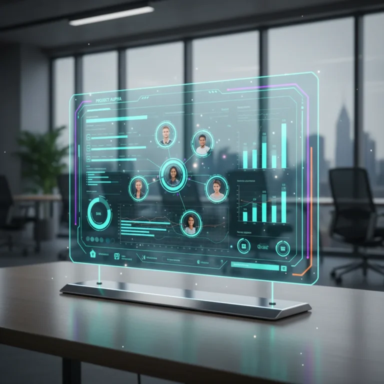 Futuristic project management app interface with data visualizations