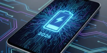 Futuristic smartphone with extended battery life icon, symbolizing advanced power optimization in 2026.