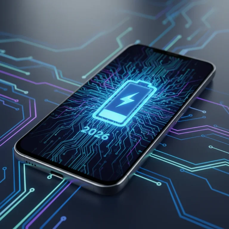 Futuristic smartphone with extended battery life icon, symbolizing advanced power optimization in 2026.