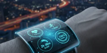 Futuristic smartwatch displaying health data on a wrist in a city setting.