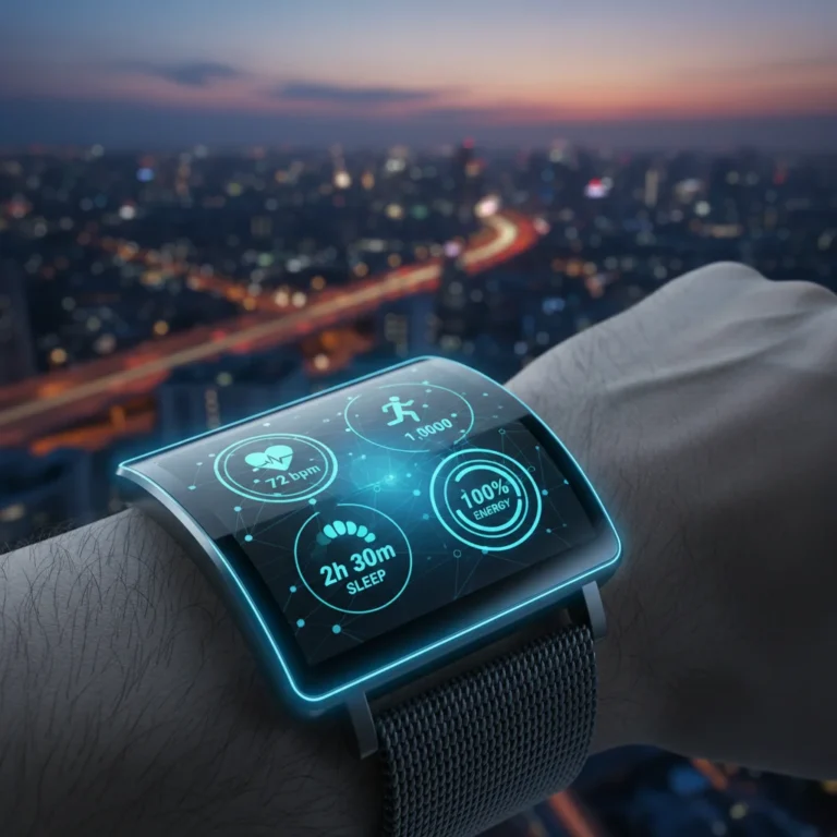 Futuristic smartwatch displaying health data on a wrist in a city setting.