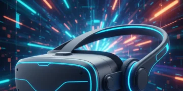Futuristic VR headset against a digital landscape, representing advanced immersive experiences in 2026.