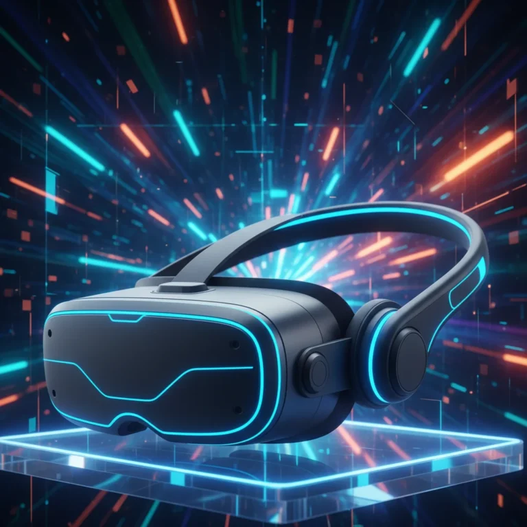 Futuristic VR headset against a digital landscape, representing advanced immersive experiences in 2026.