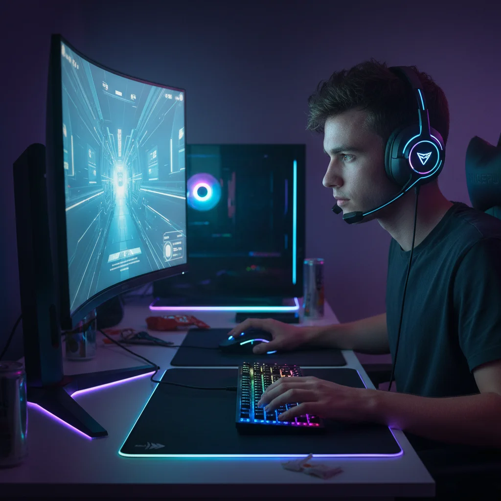 Gamer focused on a high-resolution monitor with gaming peripherals.