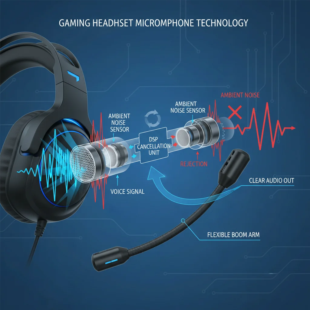 Diagram showing advanced noise-cancelling microphone technology on a gaming headset.