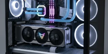 High-performance gaming PC interior with RGB lighting and liquid cooling.