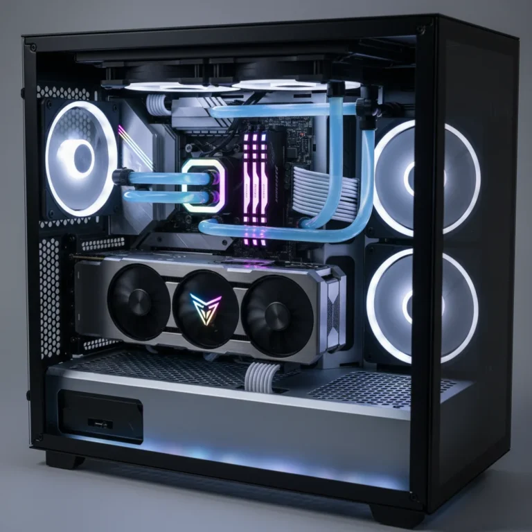 High-performance gaming PC interior with RGB lighting and liquid cooling.
