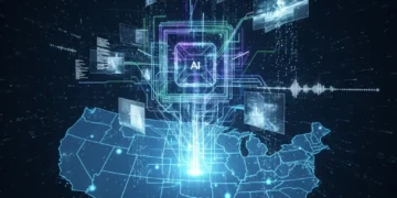 Generative AI algorithms creating diverse content forms across a futuristic US digital landscape.