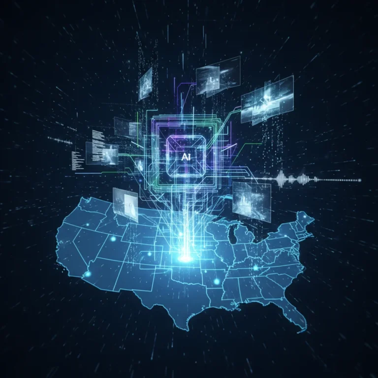 Generative AI algorithms creating diverse content forms across a futuristic US digital landscape.