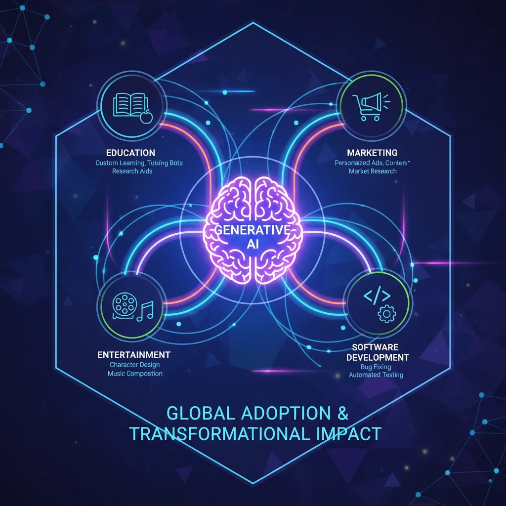 Infographic illustrating diverse industry applications of generative AI.