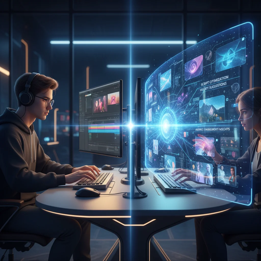 Human collaborating with AI for content generation, showing seamless integration.