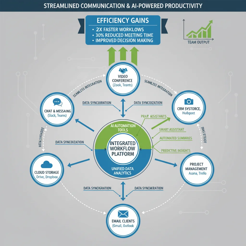 Infographic illustrating integrated communication apps and AI for workflow optimization