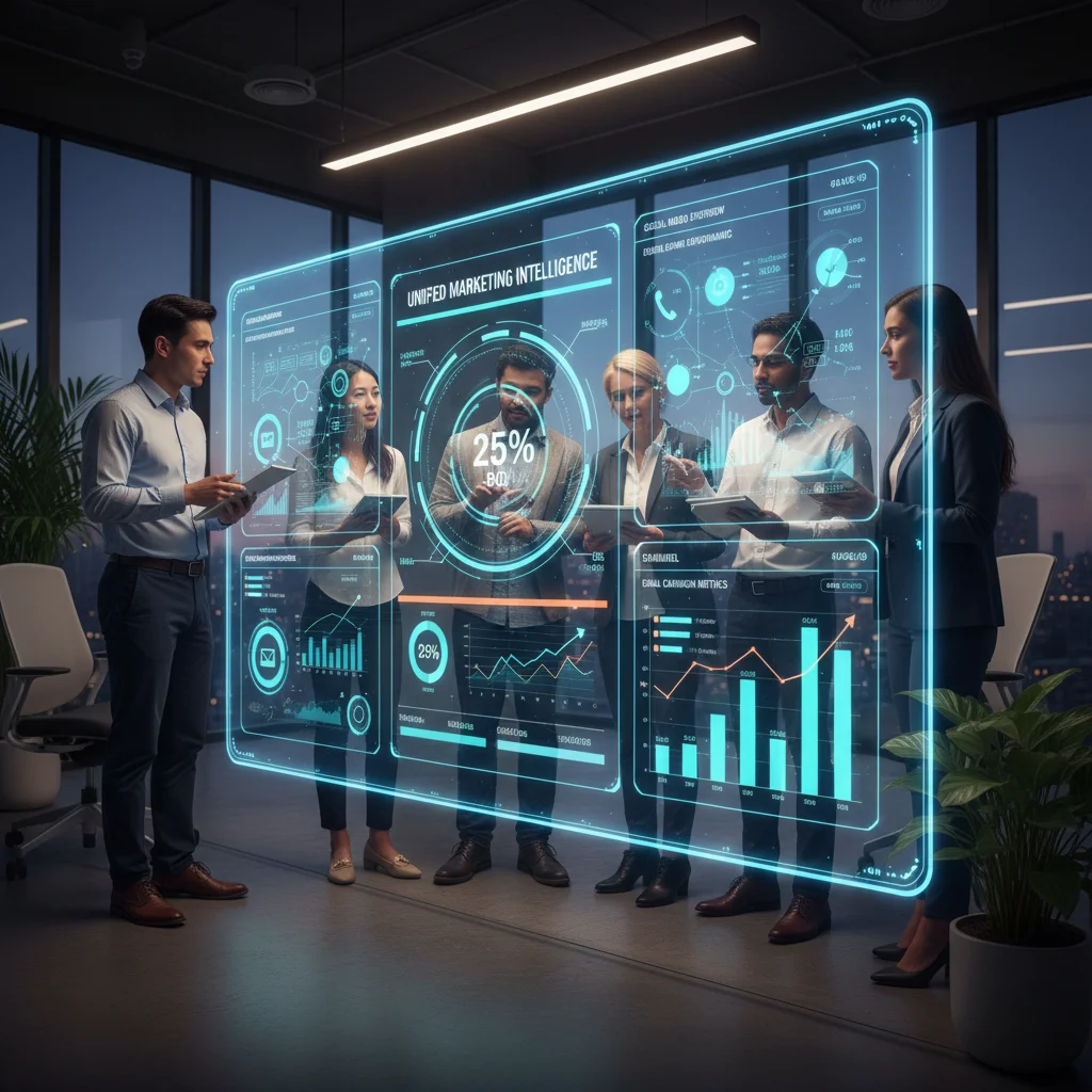 Marketing team collaborating with integrated analytics platform showing multi-channel data insights