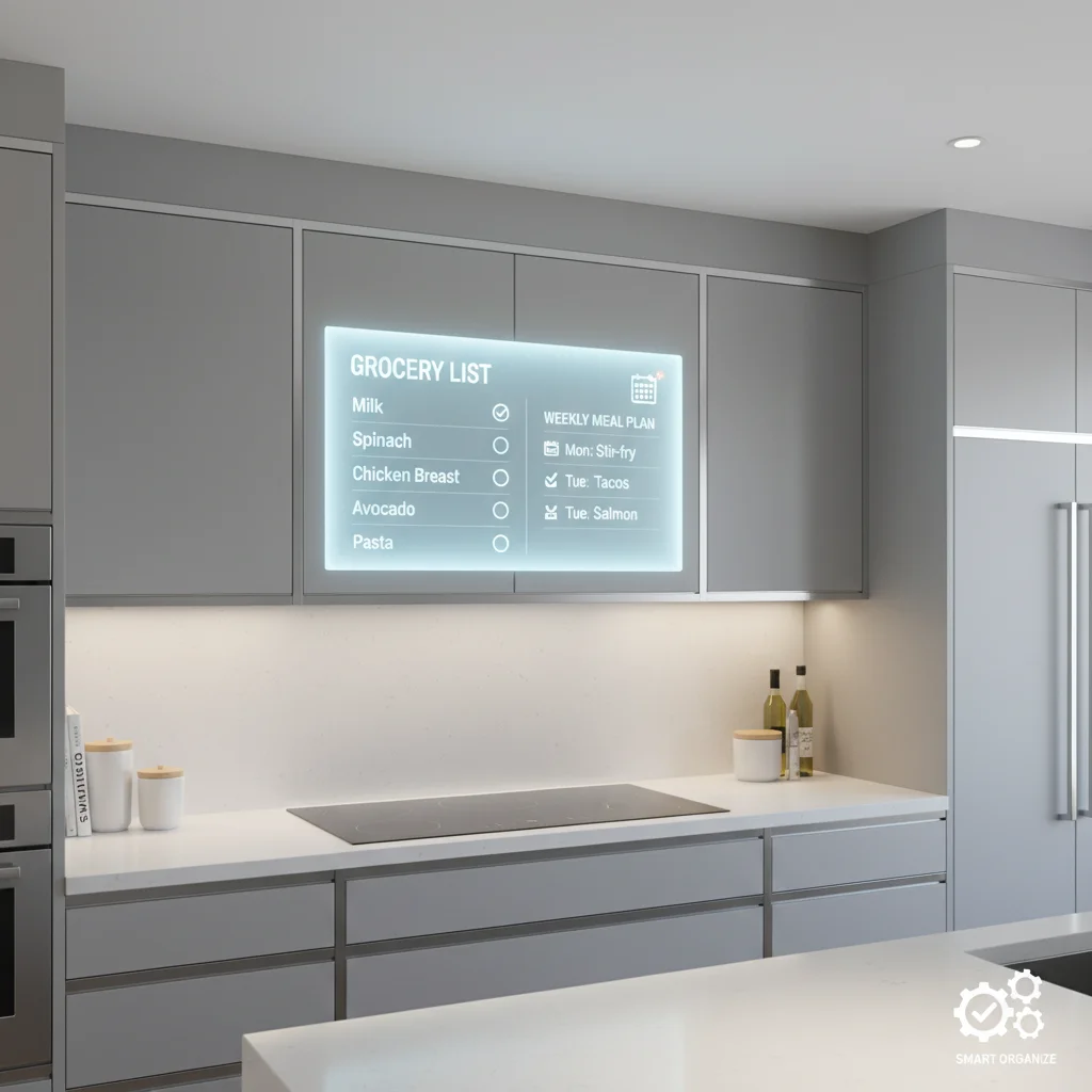 Integrated smart kitchen display showing a dynamic grocery list