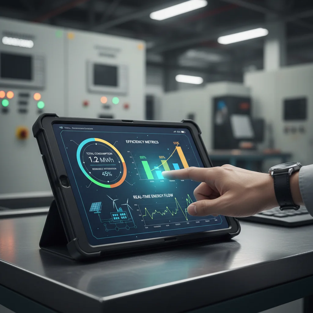 Digital interface of an intelligent energy management system optimizing factory operations.