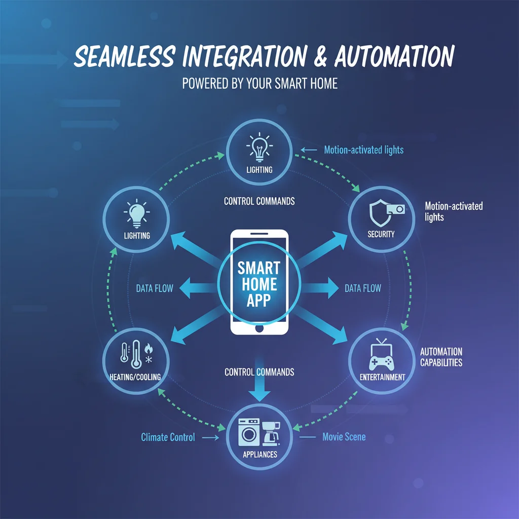 Diagram illustrating interconnected smart home devices managed by a central app